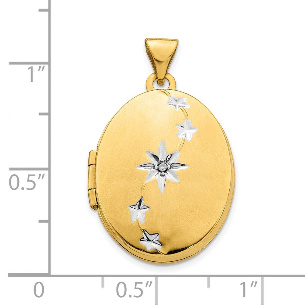 14ky w/ White Rhodium Brushed/Polished Diamond Stars Oval Locket