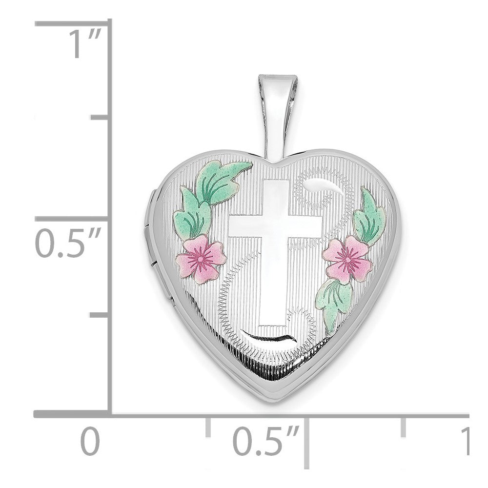 14k White Gold 16mm with Enamel Floral Cross Heart Locket