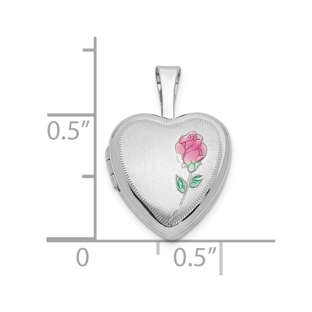14k White Gold 12mm Satin with Enamel Rose Heart Locket