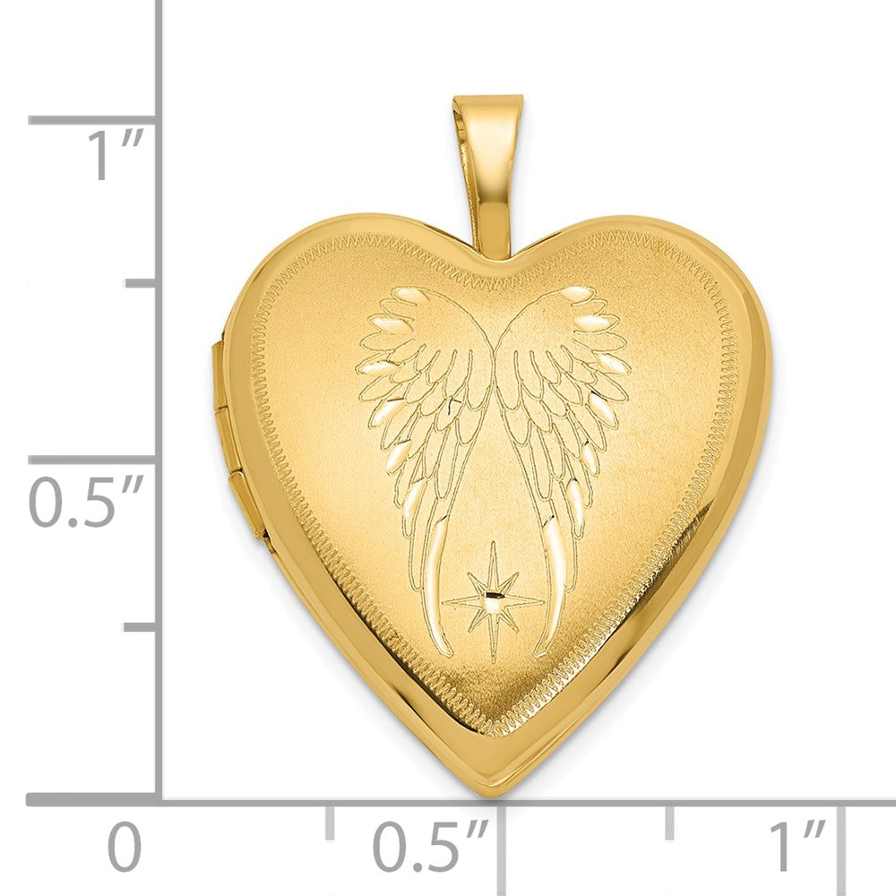 14K Yellow Gold Satin and Polished Angel Wings 20mm Heart Locket