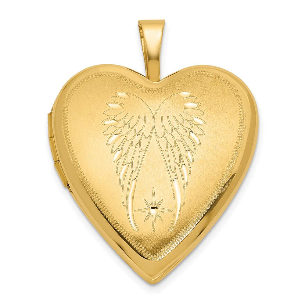 14K Yellow Gold Satin and Polished Angel Wings 20mm Heart Locket