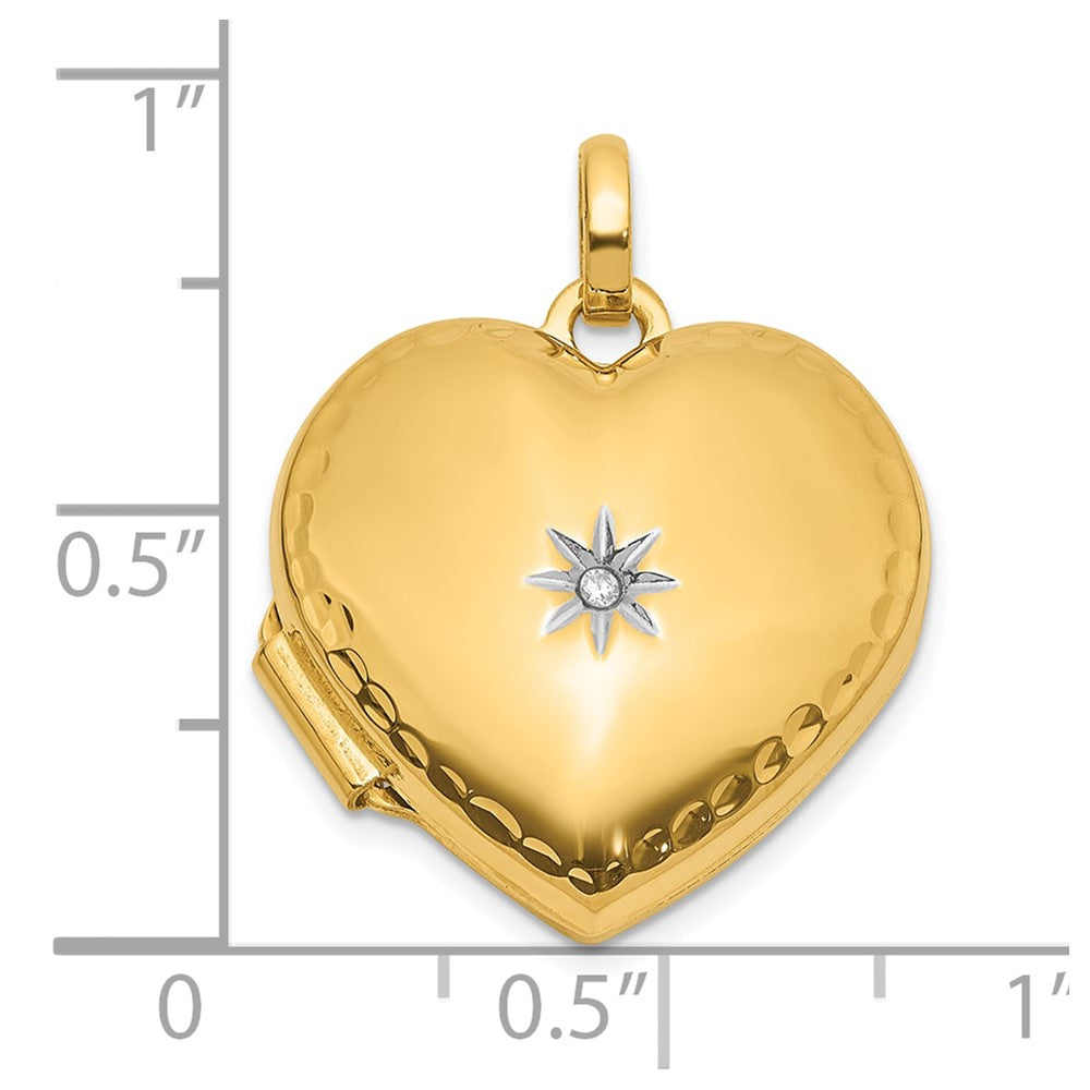 14K and White Rhodium Polished and Textured Diamond 15mm Heart Locket