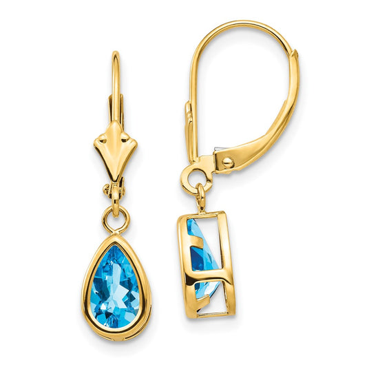 14k 8x5mm Pear Blue Topaz Leverback Earrings