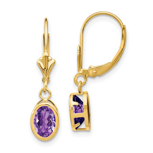 14k 7x5mm Oval Amethyst Leverback Earrings