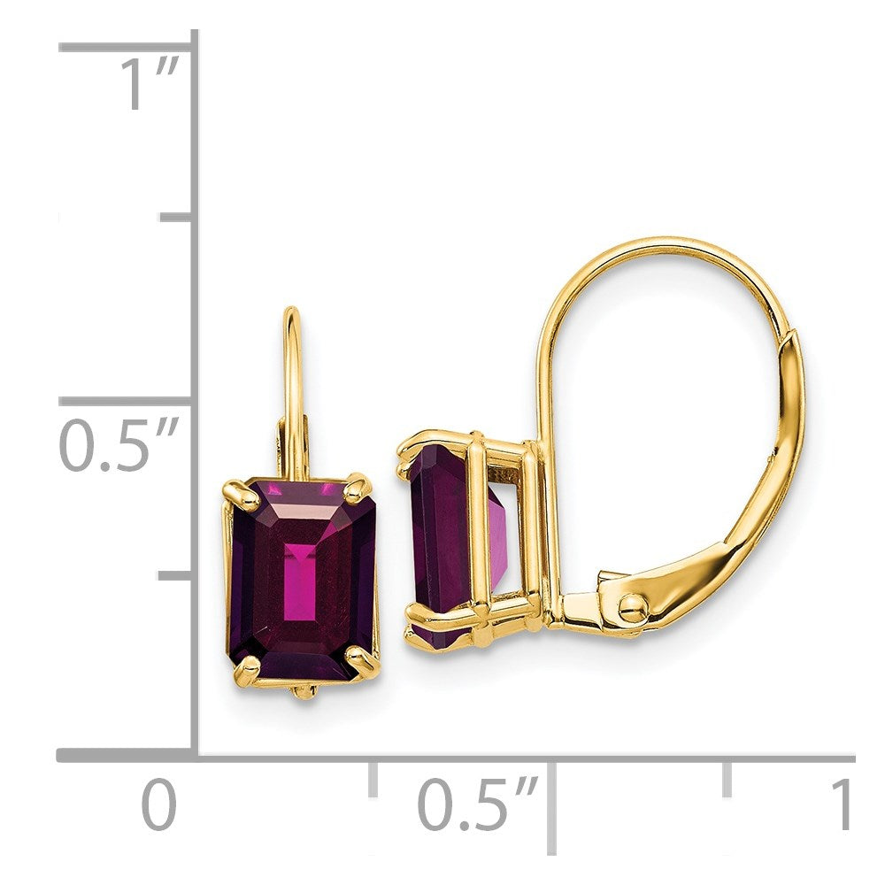 14k 7x5mm Emerald Cut Rhodolite Garnet Leverback Earrings