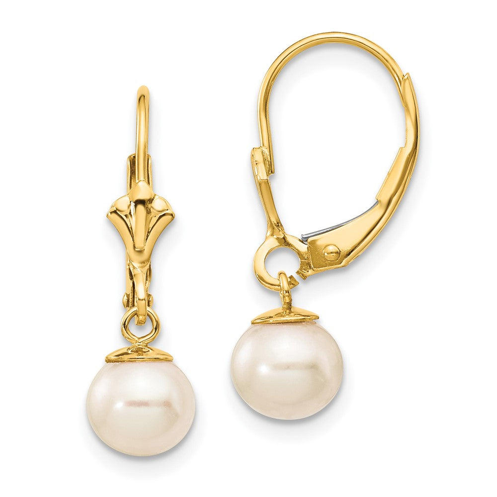 14k 6-7mm White Round Freshwater Cultured Pearl Dangle Leverback Earrings