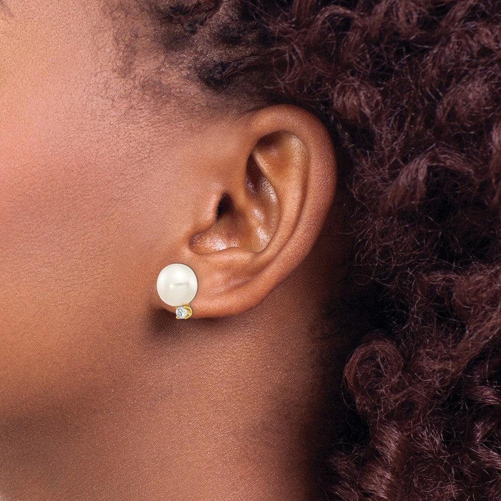 14k 10-11mm White Button Freshwater Cultured Pearl and .2 Carat Diamond Post Earrings