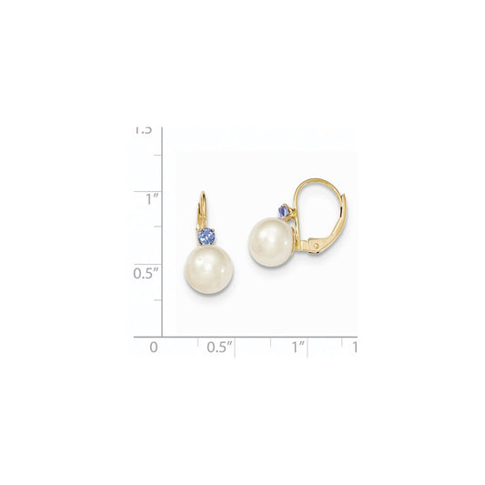 14k 7-7.5mm White Round FW Cultured Pearl Tanzanite Leverback Earrings