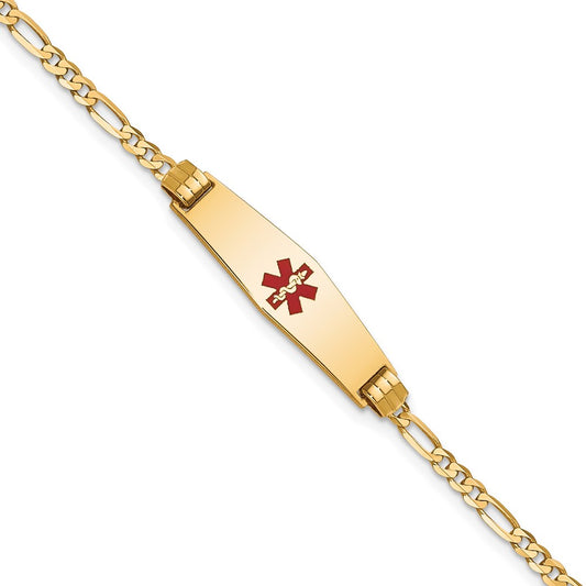 14K Medical Soft Diamond Shape Red Enamel Figaro ID Bracelet