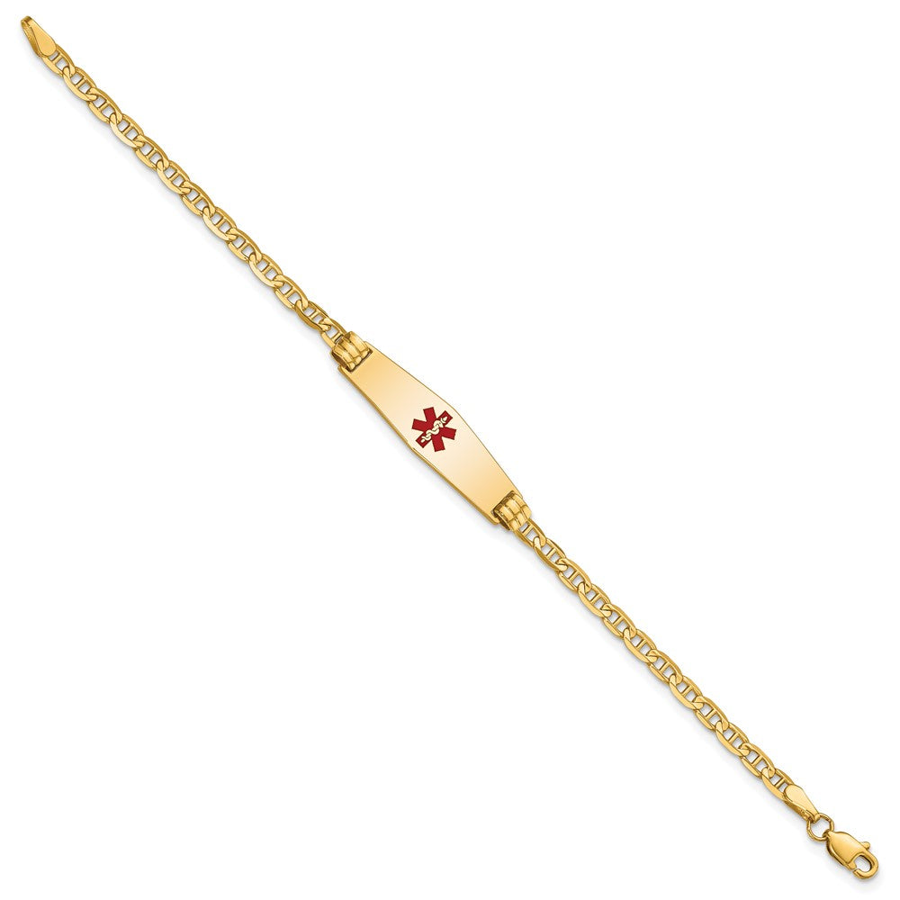 14K Medical Soft Diamond Shape Red Enamel Anchor Link ID Bracelet