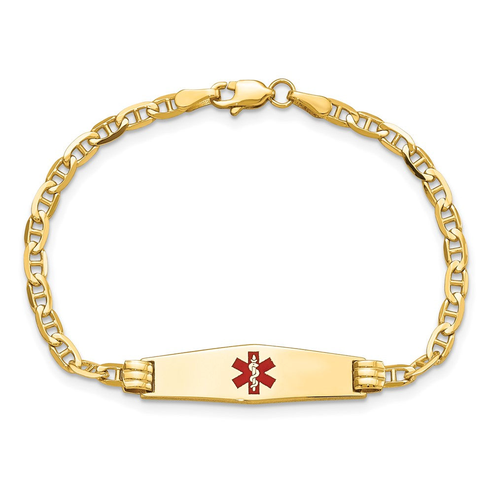 14K Medical Soft Diamond Shape Red Enamel Anchor Link ID Bracelet