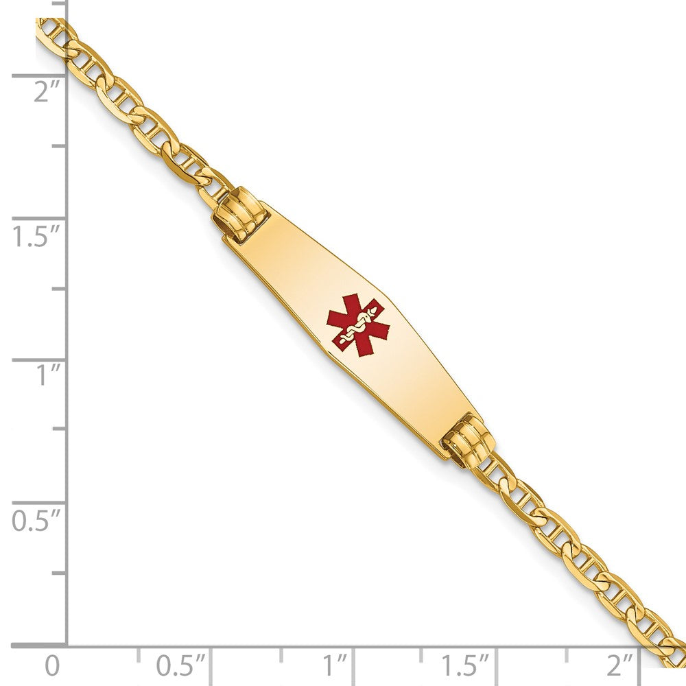 14K Medical Soft Diamond Shape Red Enamel Anchor Link ID Bracelet