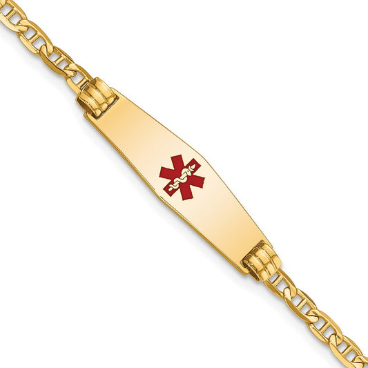 14K Medical Soft Diamond Shape Red Enamel Anchor Link ID Bracelet