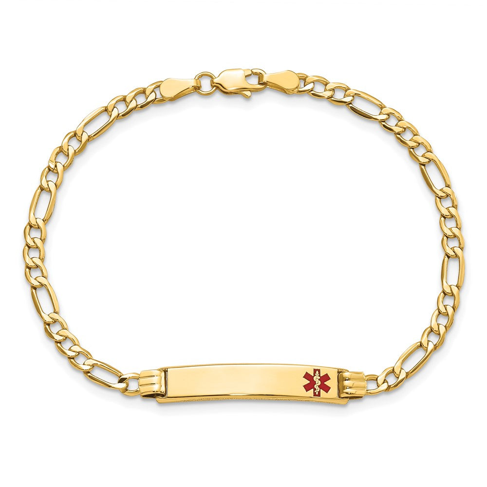 14K Yellow Gold Semi-Solid Medical Polished Red Enamel Figaro ID Bracelet