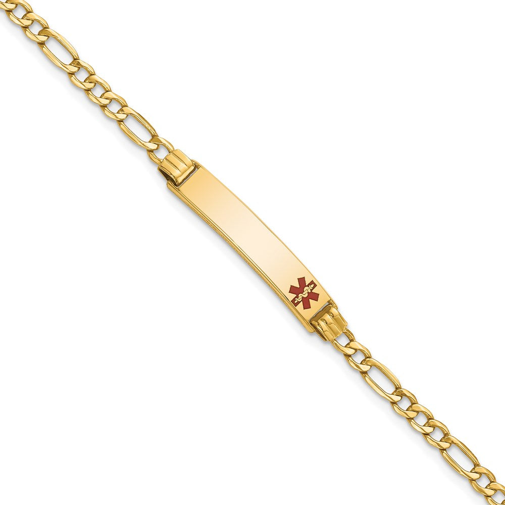 14K Yellow Gold Semi-Solid Medical Polished Red Enamel Figaro ID Bracelet