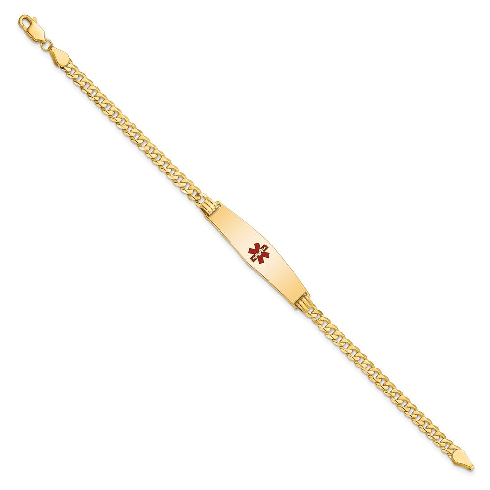 14K Yellow Gold Medical Soft Diamond Shape Red Enamel Flat Curb Link ID Bracelet