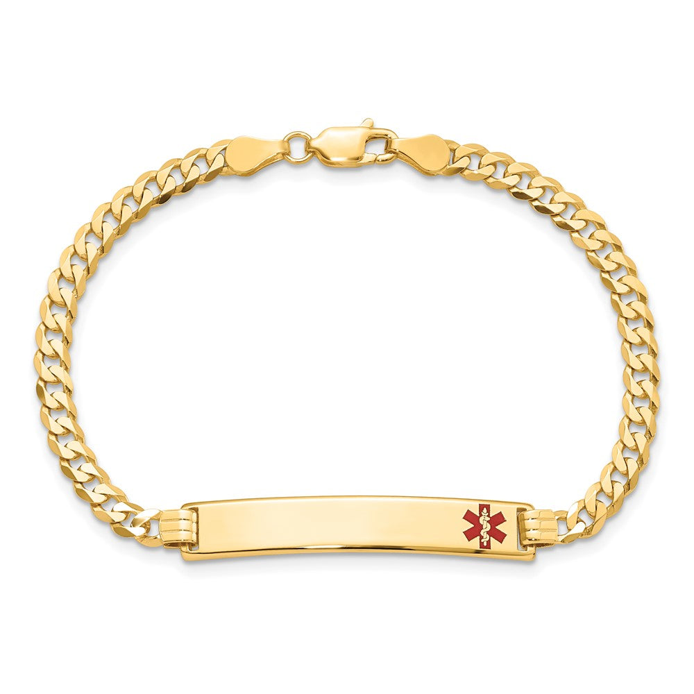 14K Yellow Gold Medical Red Enamel Flat Curb Link ID Bracelet
