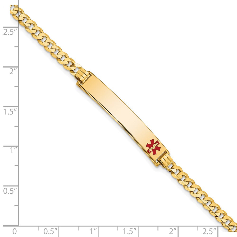14K Yellow Gold Medical Red Enamel Flat Curb Link ID Bracelet