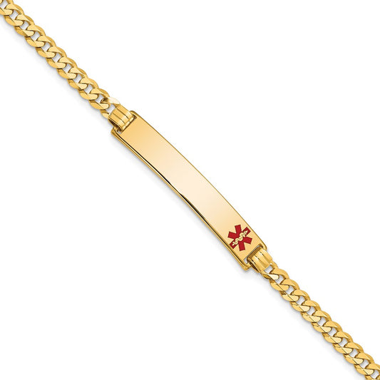14K Yellow Gold Medical Red Enamel Flat Curb Link ID Bracelet