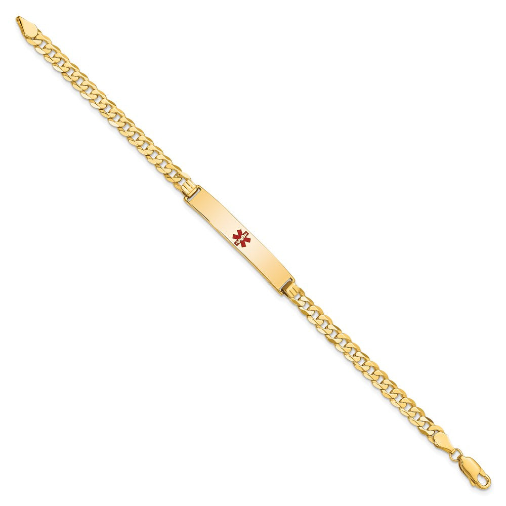 14K Yellow Gold Medical Red Enamel Flat Curb Link ID Bracelet