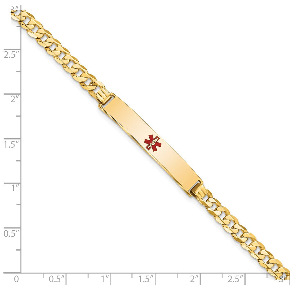 14K Yellow Gold Medical Red Enamel Flat Curb Link ID Bracelet