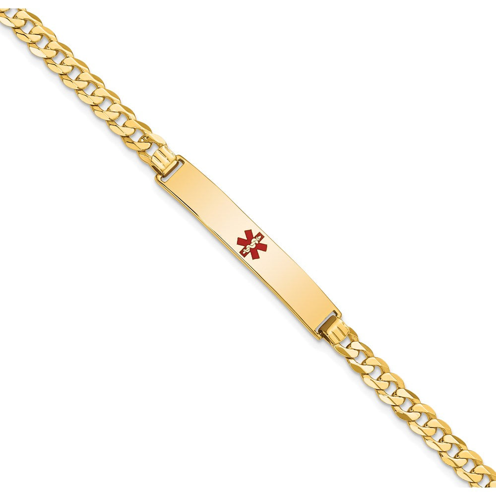14K Yellow Gold Medical Red Enamel Flat Curb Link ID Bracelet