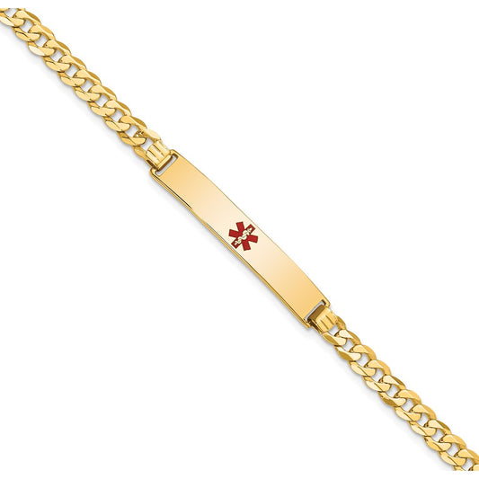 14K Yellow Gold Medical Red Enamel Flat Curb Link ID Bracelet