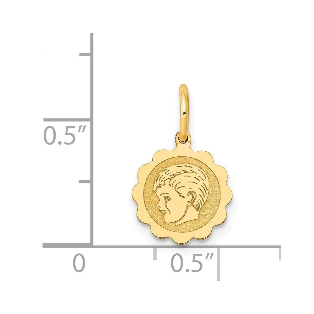 14k Boy Head on .009 Gauge Engravable Scalloped Disc Charm