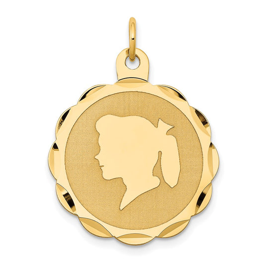 14k Girl Head on .013 Gauge Engravable Scalloped Disc Charm