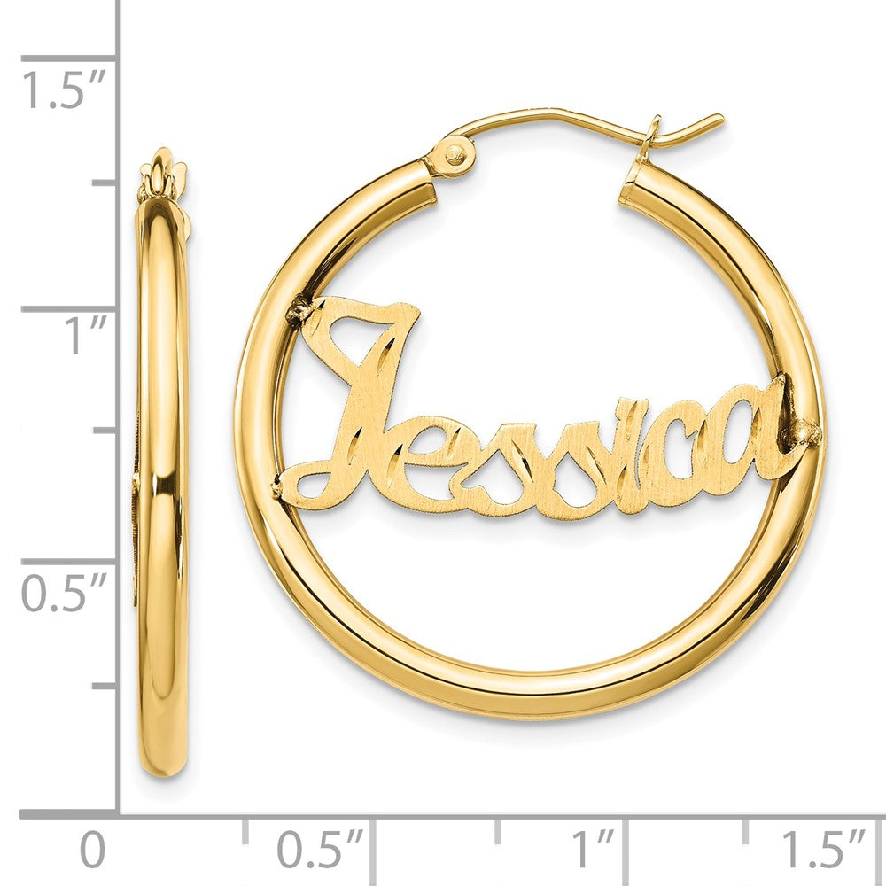 14k Yellow Gold Satin and Diamond-cut Name Plate Hoop Earrings