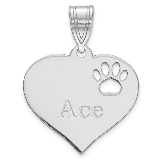 10k White Gold Heart with Name and Paw Print Cut-out Pendant