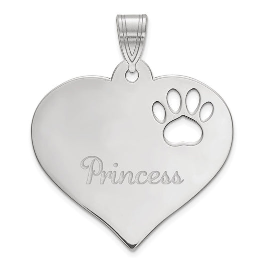 10k White Gold Heart with Name and Paw Print Cut-out Pendant