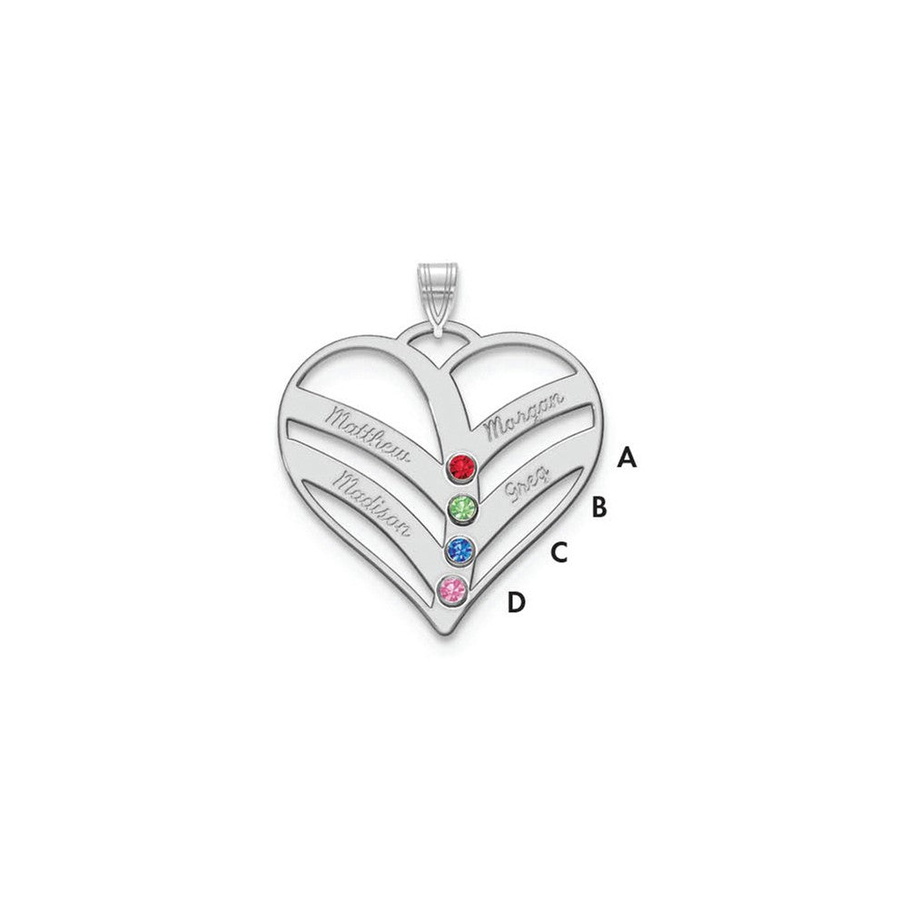10k White Gold 4-Name w/Birthstones w/14k Bezel Cut Out Heart Pendant