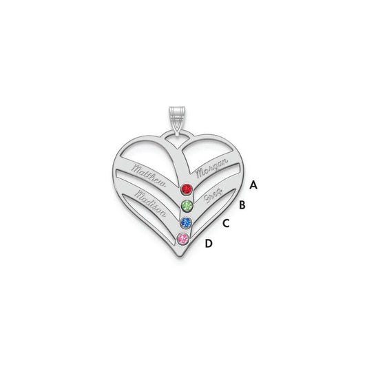 10k White Gold 4-Name w/Birthstones w/14k Bezel Cut Out Heart Pendant