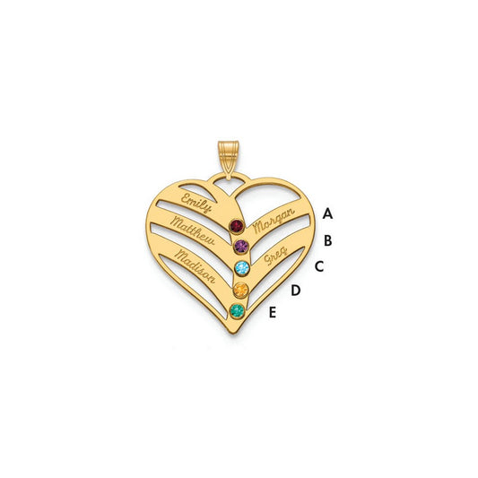 10KY 5-Name w/Birthstones w/14k Bezel Cut Out Heart Pendant