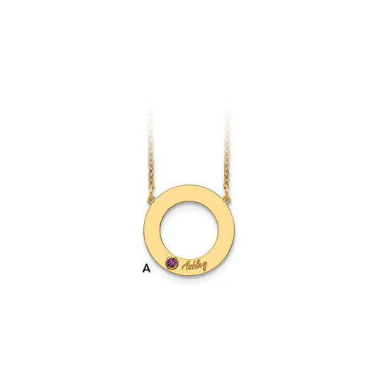 10KY 1 Name and Birthstone w/ 14k Bezel Cut Out Circle Necklace