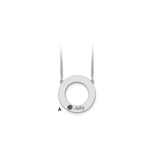 14KW 1 Name & Birthstone w/ 18k Rhodium Plated Bezel Circle Necklace