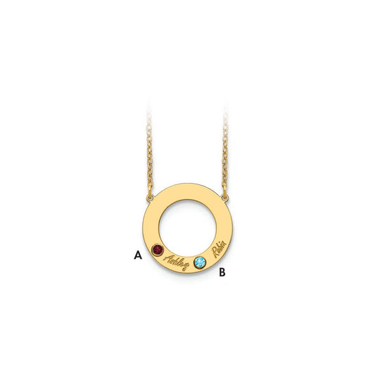 14KY 2 Name and Birthstone w/ 14k Bezel Cut Out Circle Necklace