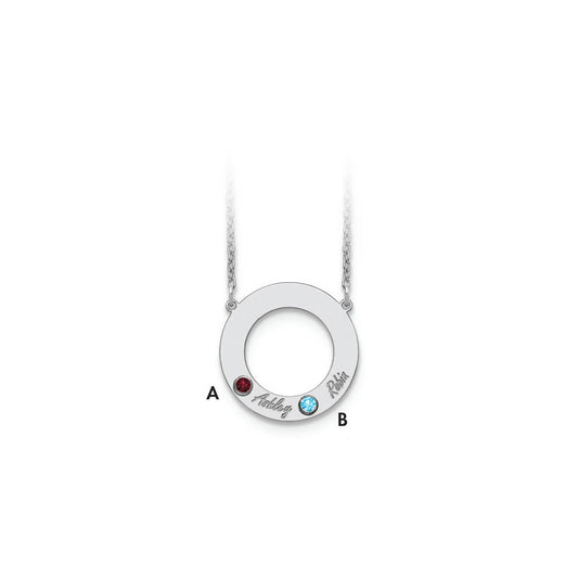 14KW 2 Name & Birthstone w/ 18k Rhodium Plated Bezel Circle Necklace