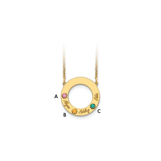 14KY 3 Name and Birthstone w/ 14k Bezel Cut Out Circle Necklace