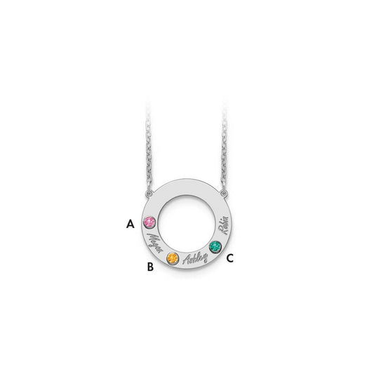 10KW 3 Name and Birthstone w/ 14k Bezel Cut Out Circle Necklace