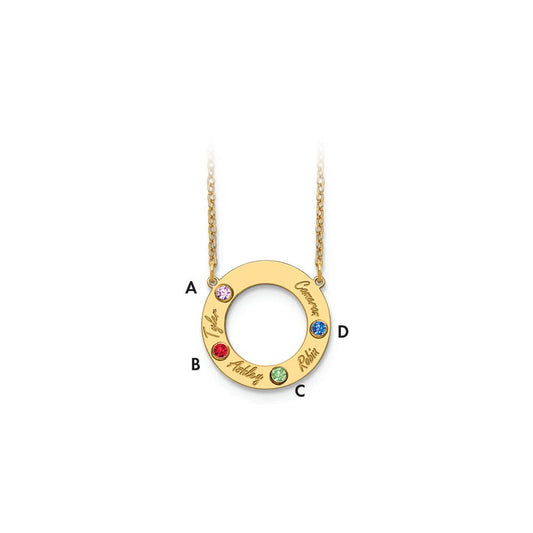 14KY 4 Name and Birthstone w/ 14k Bezel Cut Out Circle Necklace