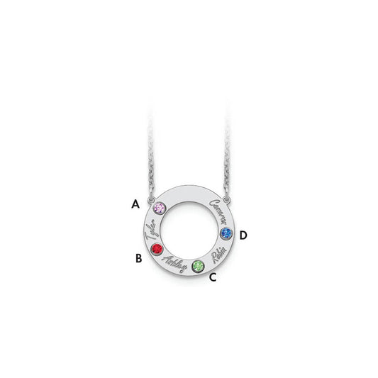 14KW 4 Name & Birthstone w/ 14k Rhodium Plated Bezel Circle Necklace