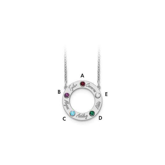 10KW 5 Name and Birthstone w/ 14k Bezel Cut Out Circle Necklace
