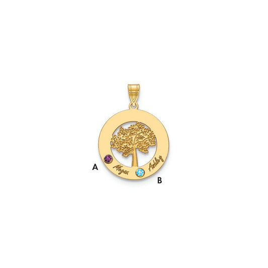 10KY Family Tree in Circle 2 Names and Birthstones w/ 14k Bezel Pendant