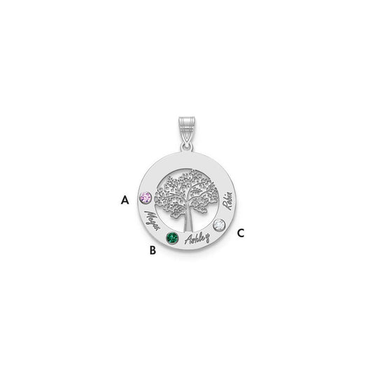 10KW Family Tree in Circle 3 Names and Birthstones w/ 14k Bezel Pendant