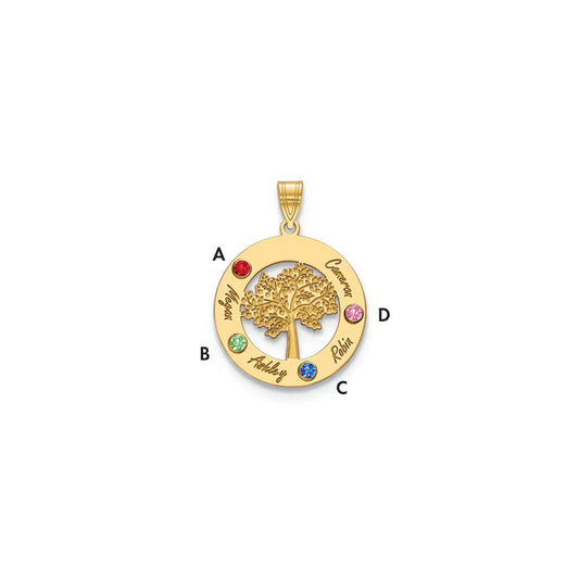 10KY Family Tree in Circle 4 Names and Birthstones w/ 14k Bezel Pendant