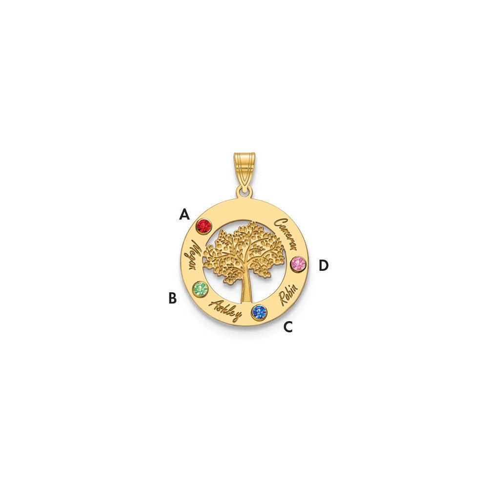 14KY Family Tree in Circle 4 Names and Birthstones w/ 14k Bezel Pendant