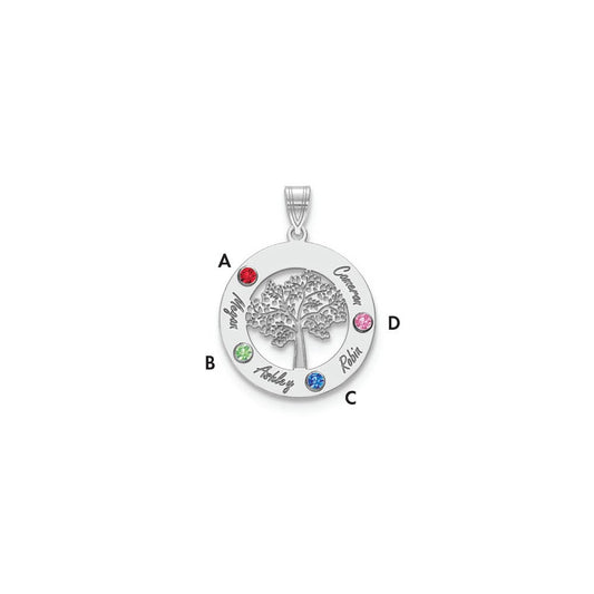 10KW Family Tree in Circle 4 Names and Birthstones w/ 14k Bezel Pendant