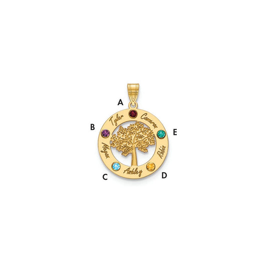 10KY Family Tree in Circle 5 Names and Birthstones w/ 14k Bezel Pendant